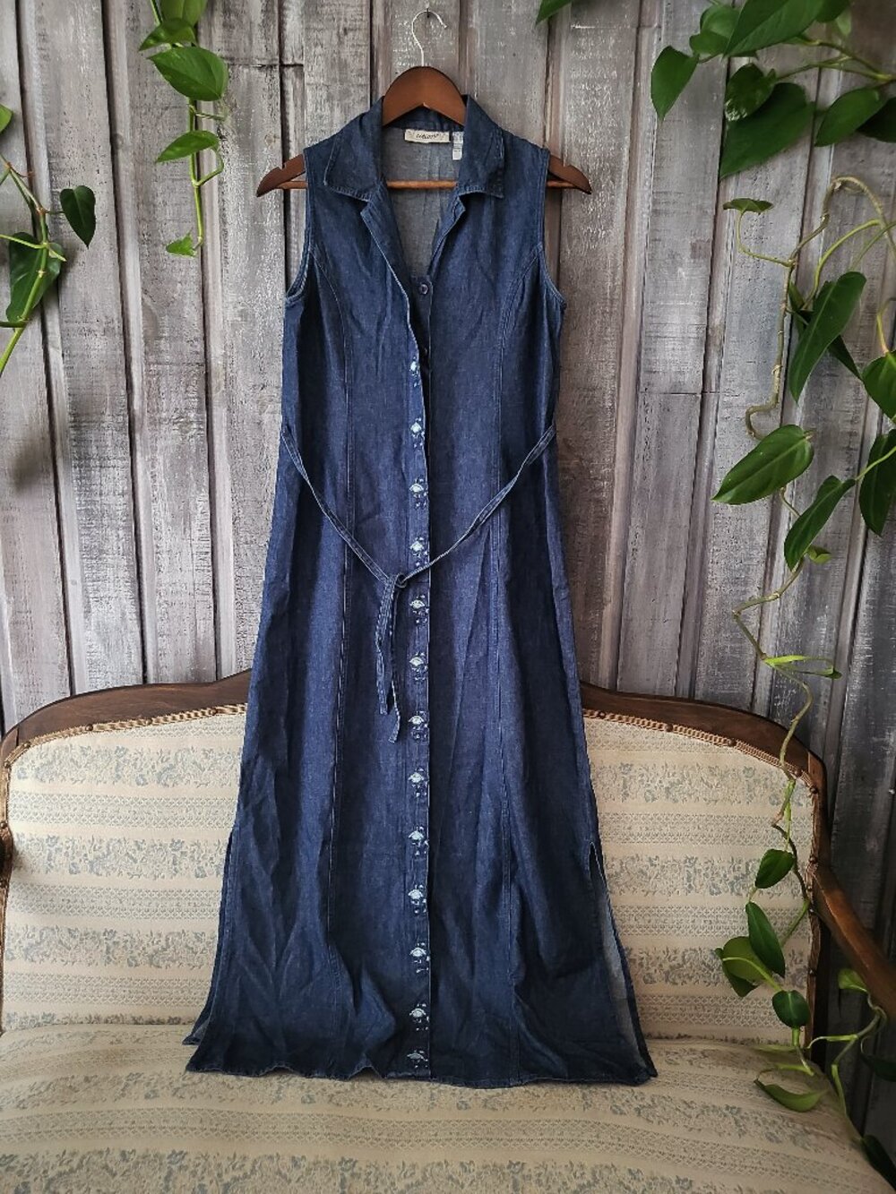 Titicos Vintage 90s Embroidered Denim Button Down Maxi Dress S